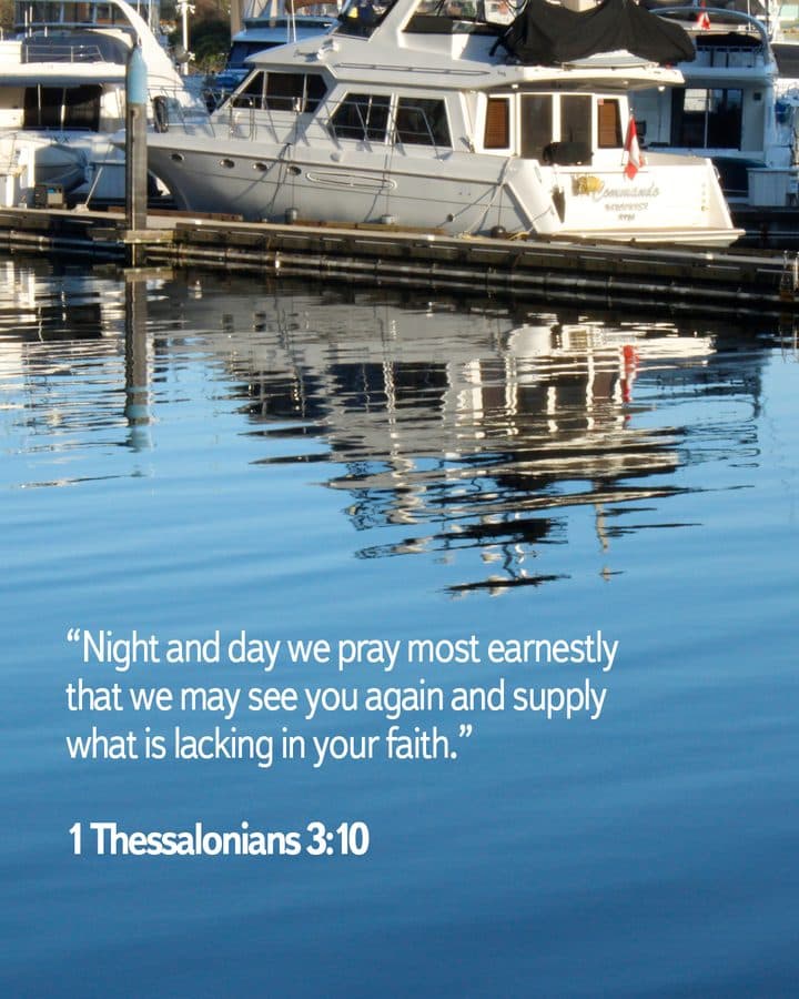 Instagram post: 1 Thessalonians 3:10 over a marina